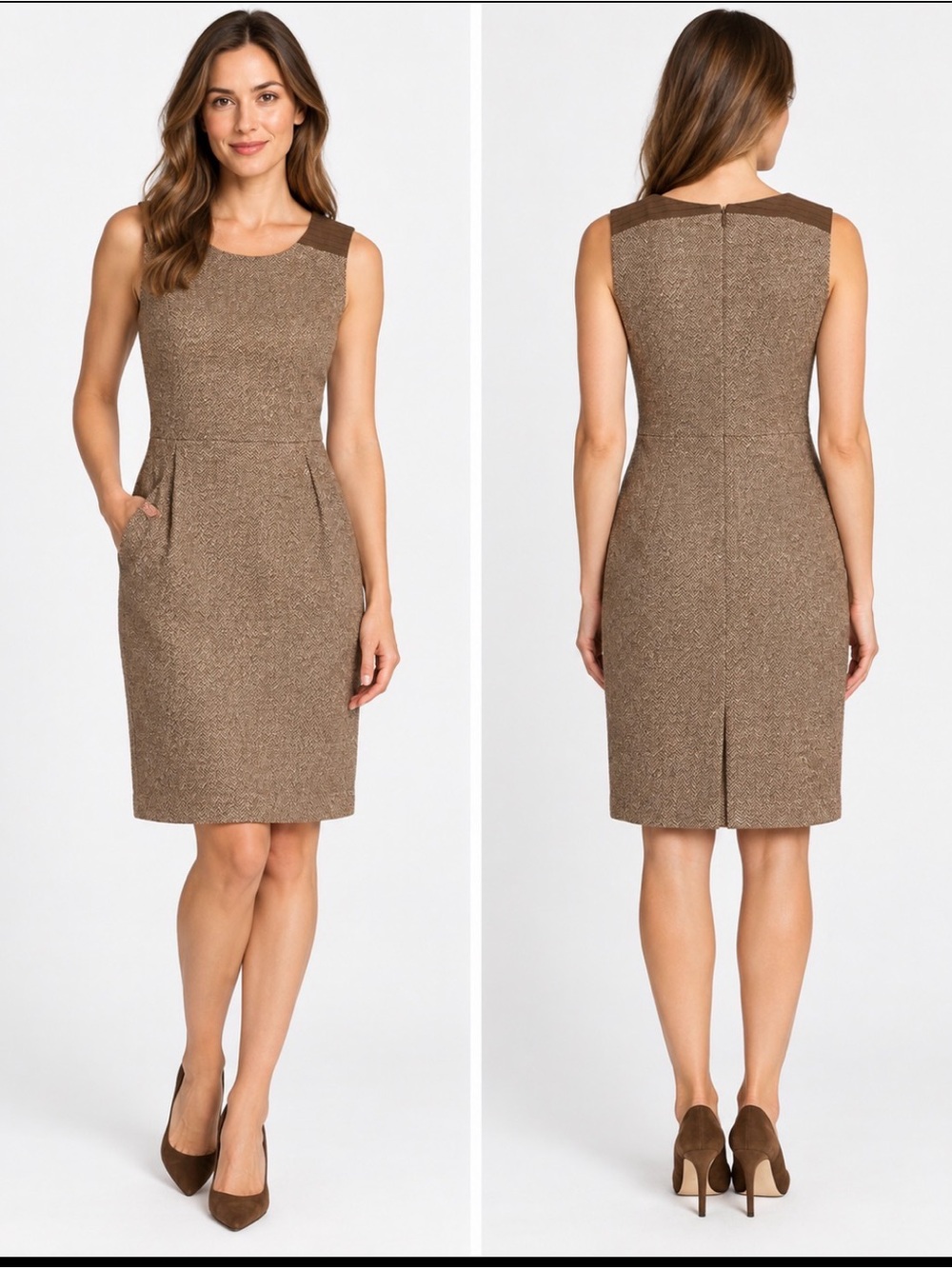 St John Collection Brown Herringbone Sheath Dress Size 4 Made USA